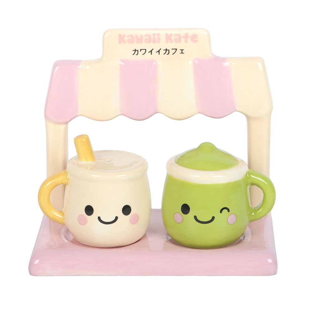 Kawaii Latte Salt and Pepper Shakers mit Café-Halter