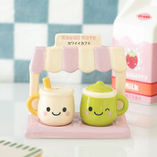 Kawaii Latte Salt and Pepper Shakers mit Café-Halter