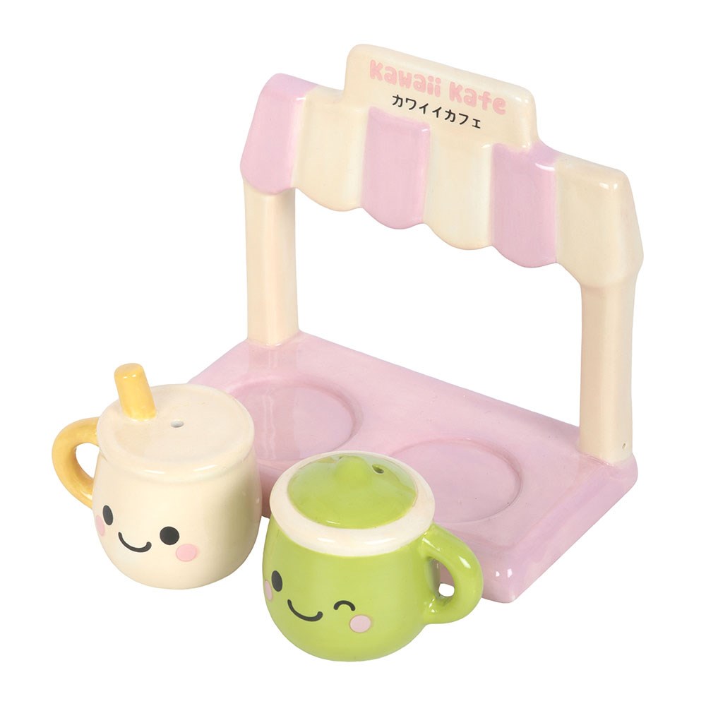 Kawaii Latte Salt and Pepper Shakers mit Café-Halter