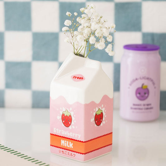 Strawberry Milk Carton Flower Vase - Kawaii Keramik Blumenvase