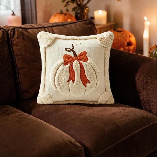 Kürbis Kuschelkissen mit Schleife – Halloween & Herbst Dekokissen vintage