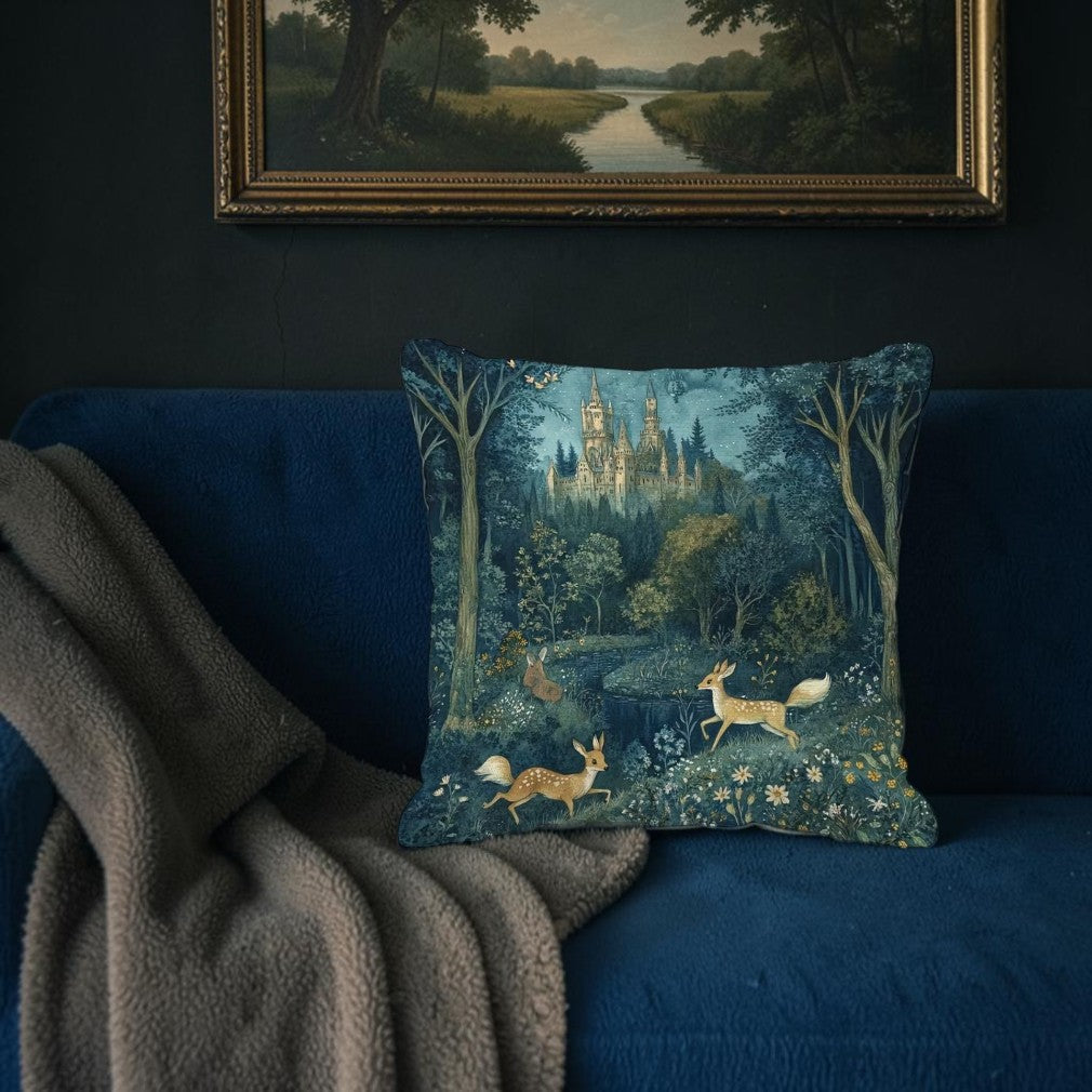 Dekokissen Zauberwald Schloss – Lifestyle dunkelblauer Samtsofa