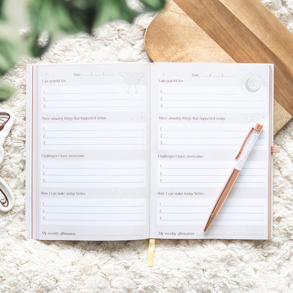 Daily Reflection Journal Luna Moth Frontansicht mit Stift