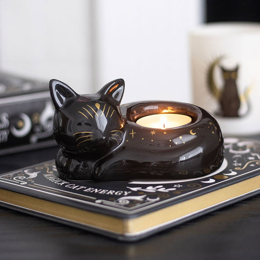 Black Cat Magick Keramik Teelichthalter in schwarz-gold gothic