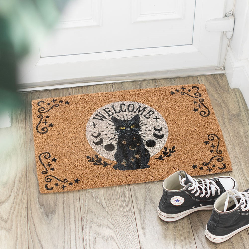 Gothic Türvorleger Kokosmatte mit schwarzer Katze "Welcome"