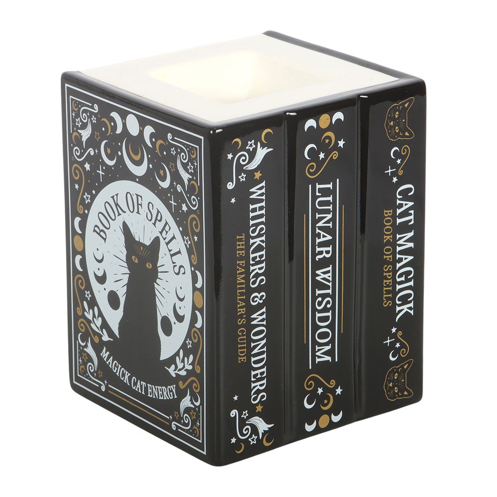 "Cat Magick" Gothic Duftlampe Bücherstapel schwarz-gold