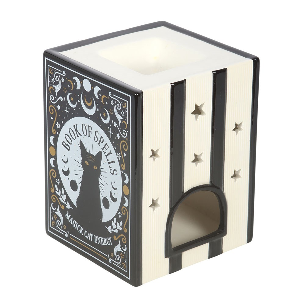 "Cat Magick" Gothic Duftlampe Bücherstapel schwarz-gold