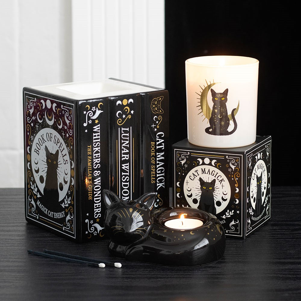 "Cat Magick" Gothic Duftlampe Bücherstapel schwarz-gold