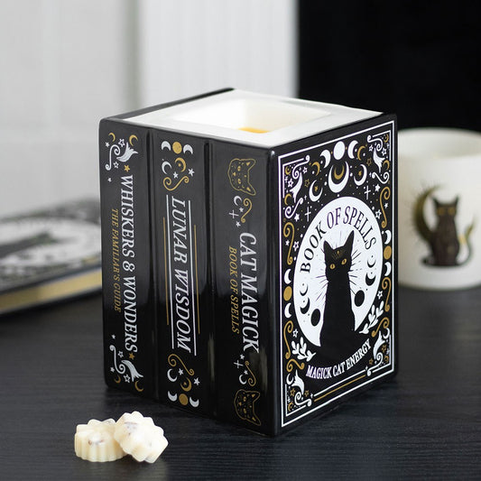 "Cat Magick" Gothic Duftlampe Bücherstapel schwarz-gold