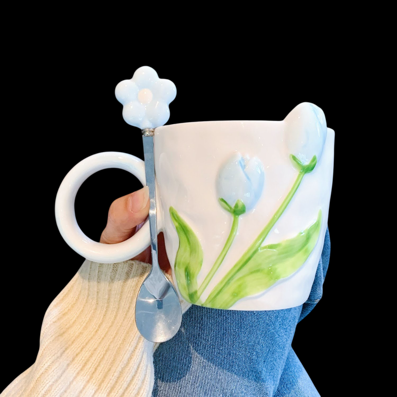 Vintage Keramik-Tasse  in blau mit Tulpen-Motiv und Löffel - 500ml