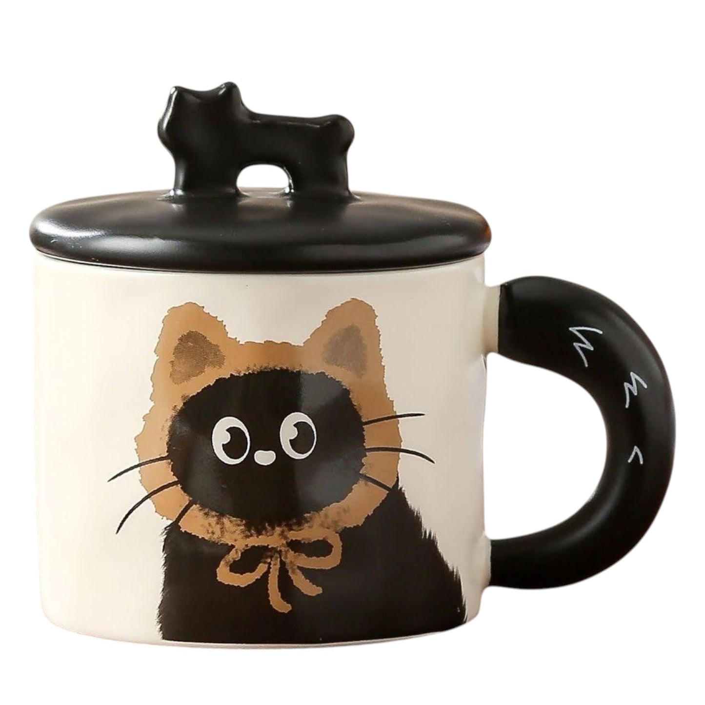 Niedliche Keramik-Tasse Katze mit Deckel und Löffel - 350ml - braun
