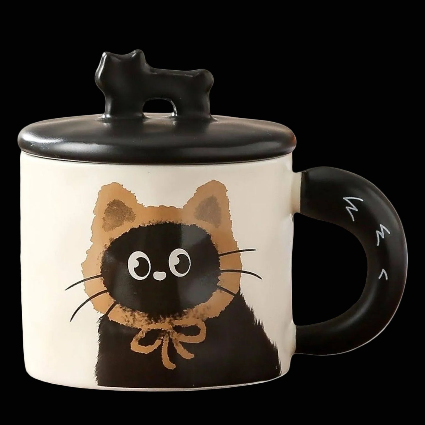 Niedliche Keramik-Tasse Katze mit Deckel und Löffel - 350ml - braun