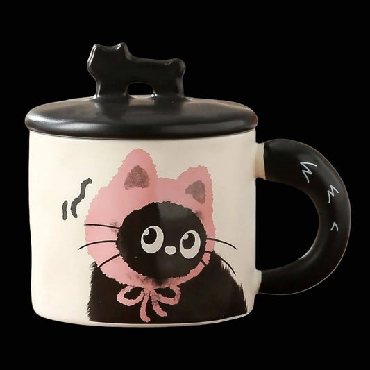 Niedliche Keramik-Tasse Katze mit Deckel und Löffel - 350ml - rosa