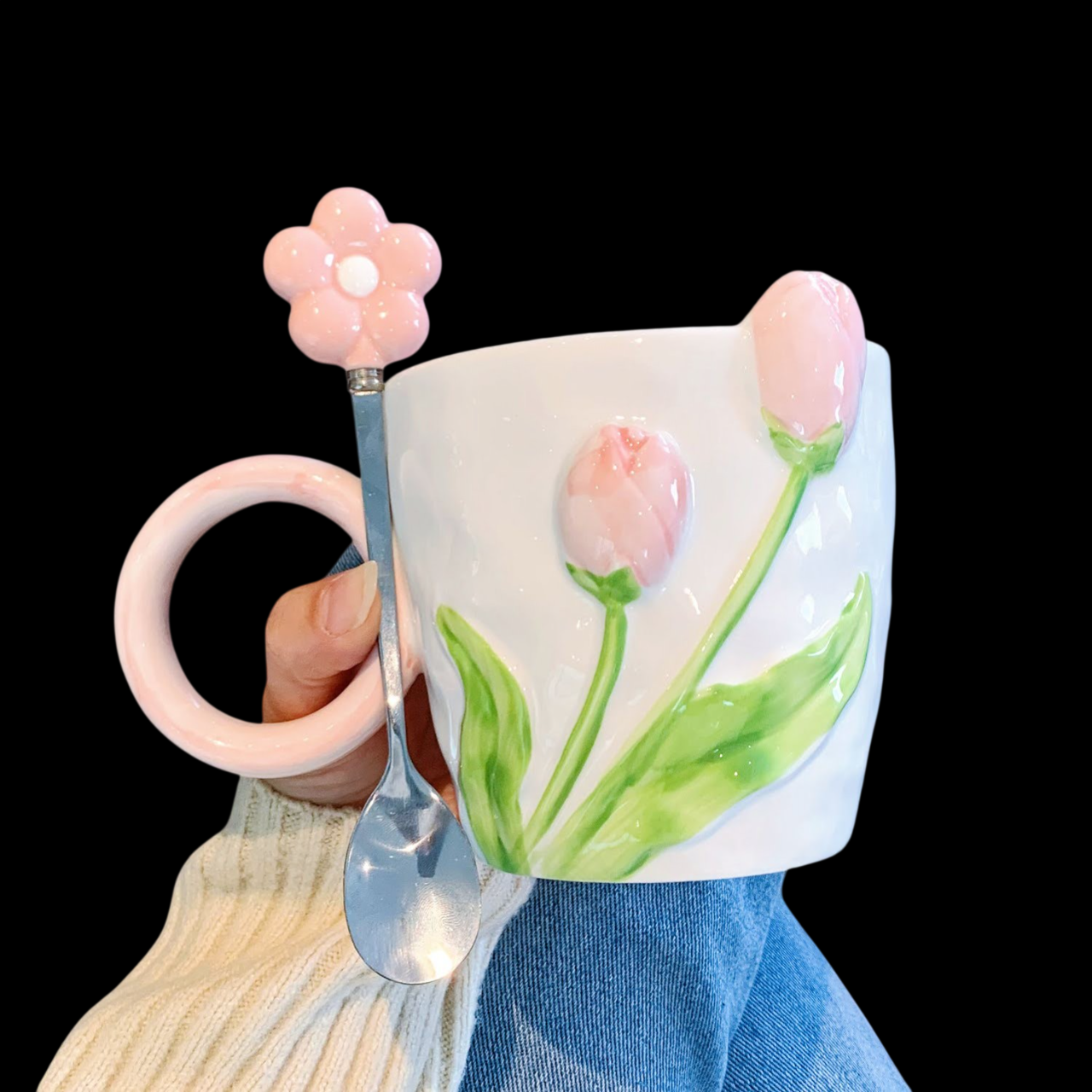 Vintage Keramik-Tasse  in rosa mit Tulpen-Motiv und Löffel - 500ml