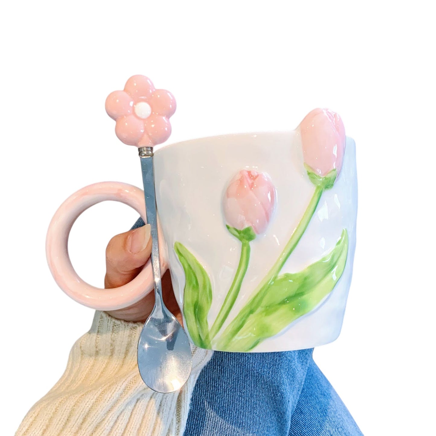 Vintage Keramik-Tasse  in rosa mit Tulpen-Motiv und Löffel - 500ml