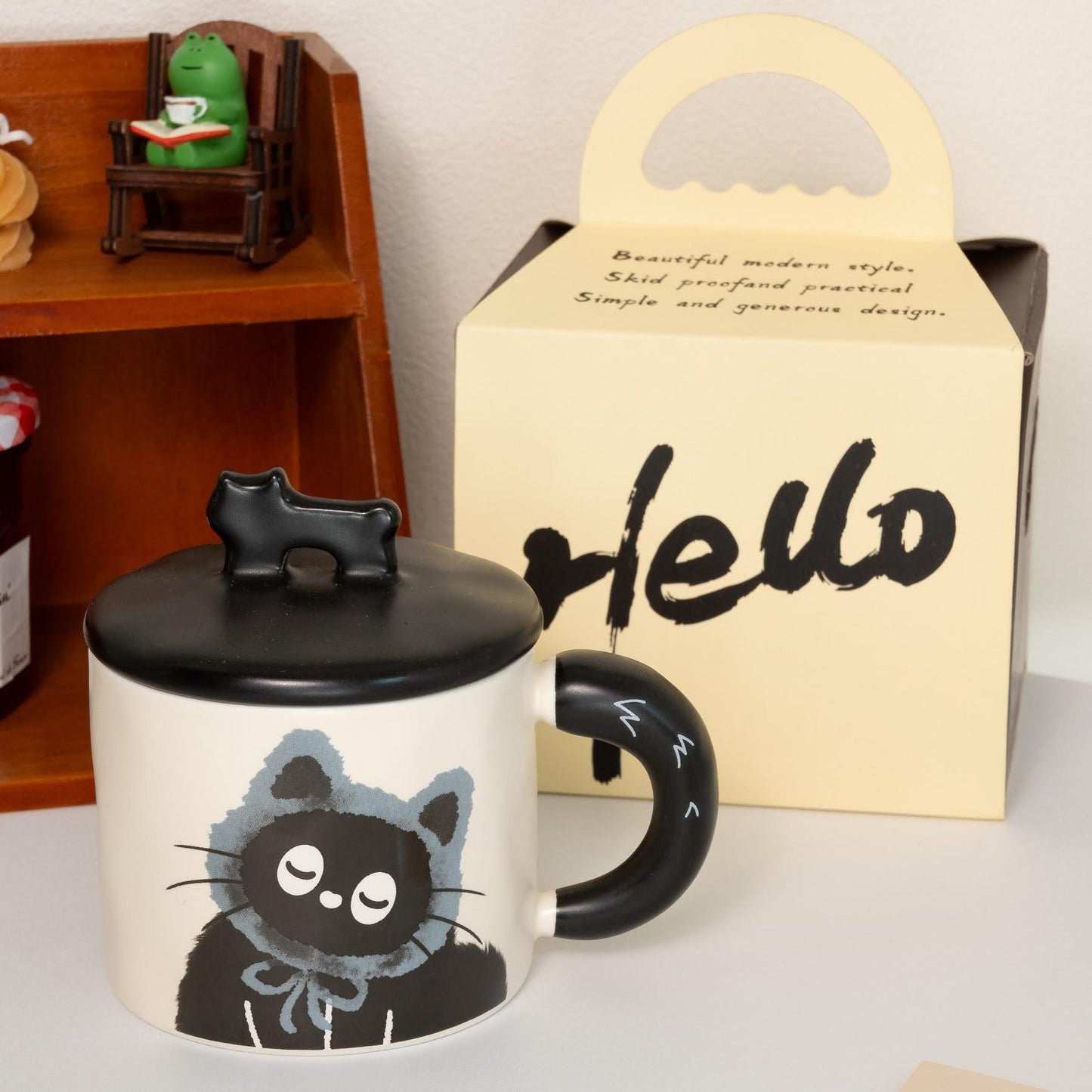 Niedliche Keramik-Tasse Katze mit Deckel und Löffel - 350ml - blau