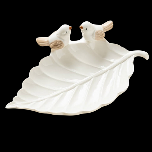 Romantische Keramik-Schale Blattform mit Vögeln - Weiß