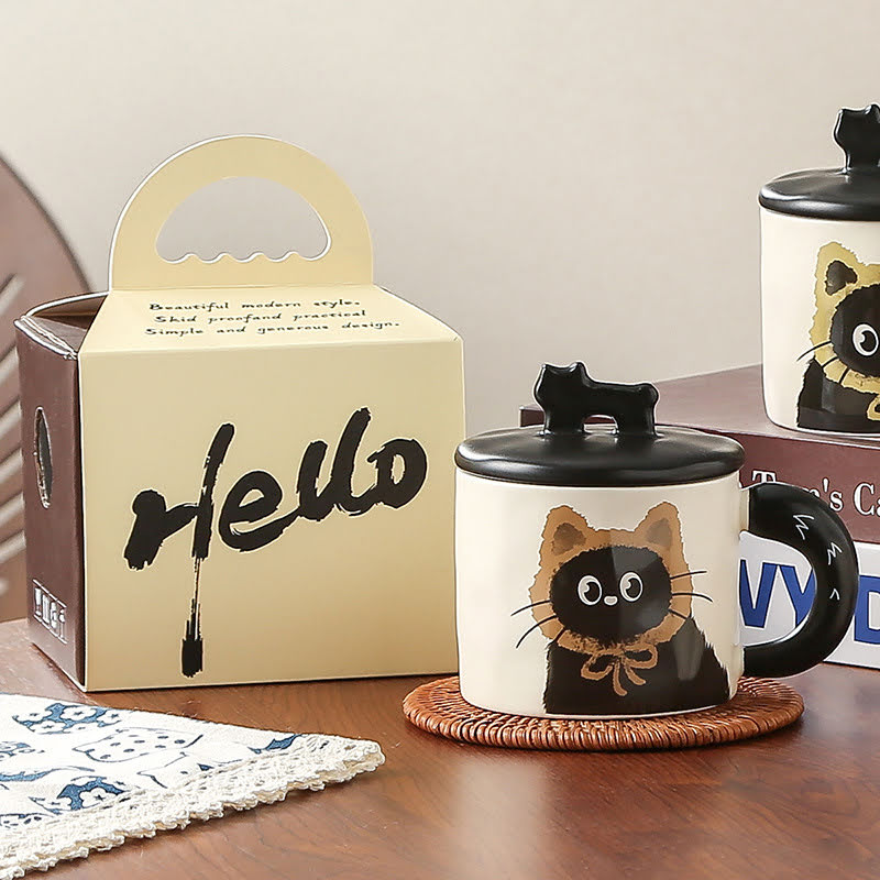 Niedliche Keramik-Tasse Katze mit Deckel und Löffel - 350ml - braun