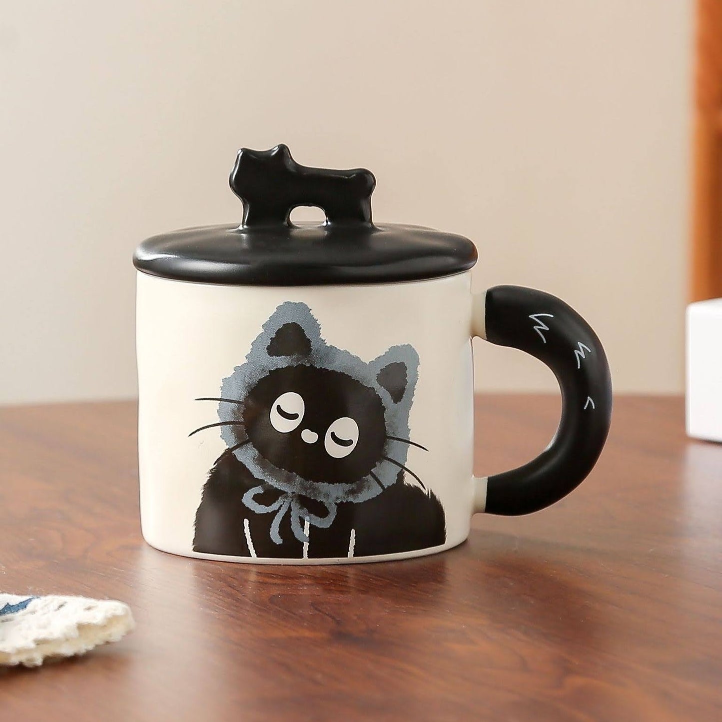 Niedliche Keramik-Tasse Katze mit Deckel und Löffel - 350ml - blau