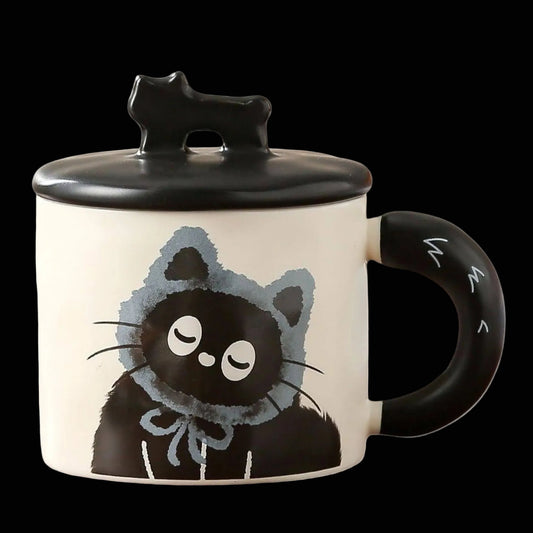 Niedliche Keramik-Tasse Katze mit Deckel und Löffel - 350ml - blau