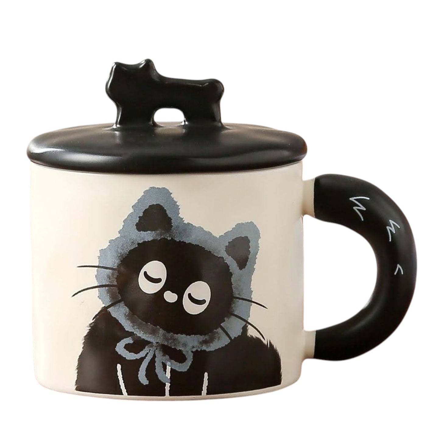 Niedliche Keramik-Tasse Katze mit Deckel und Löffel - 350ml - blau