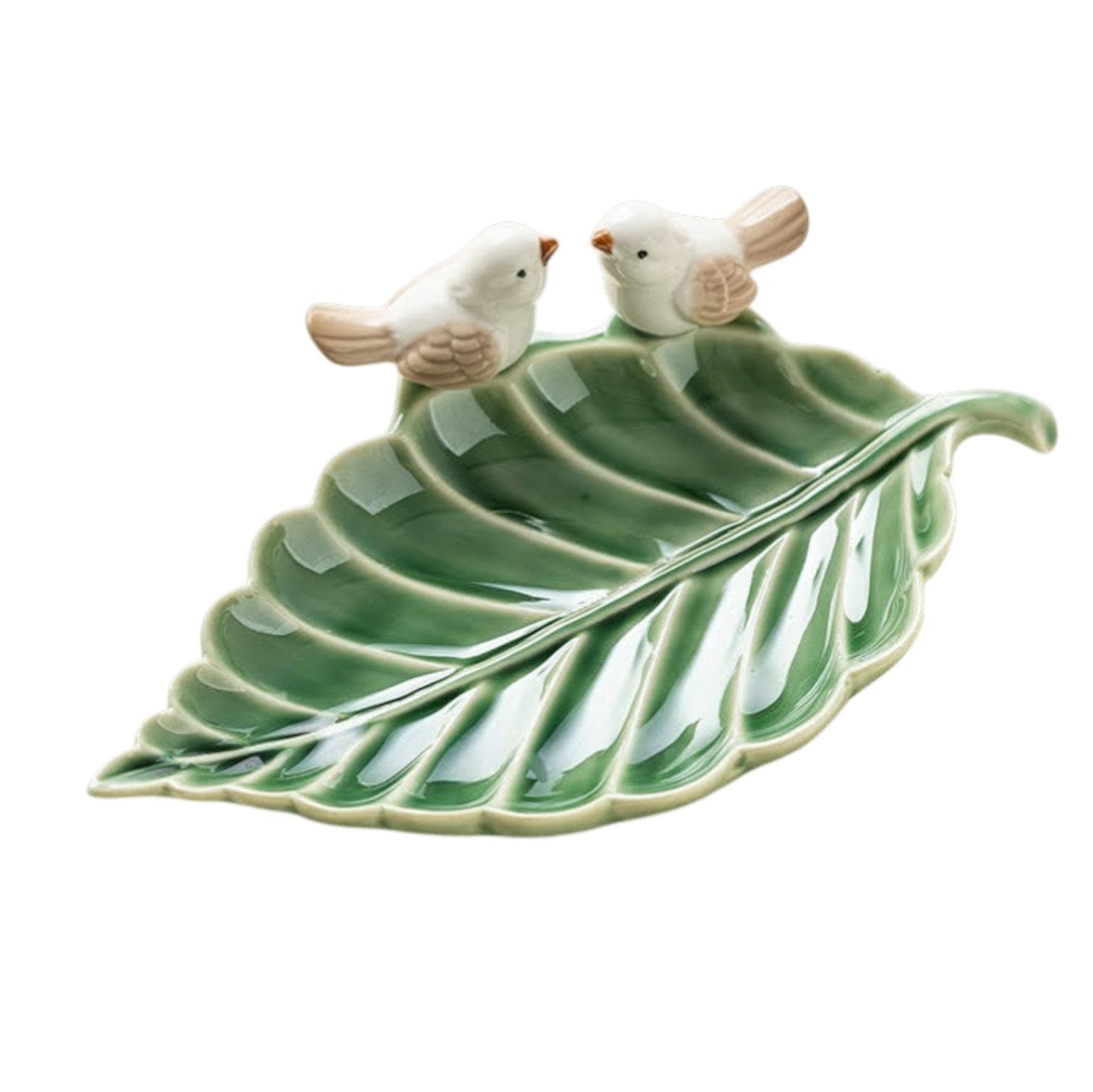Romantische Keramik-Schale Blattform mit Vögeln - Grün