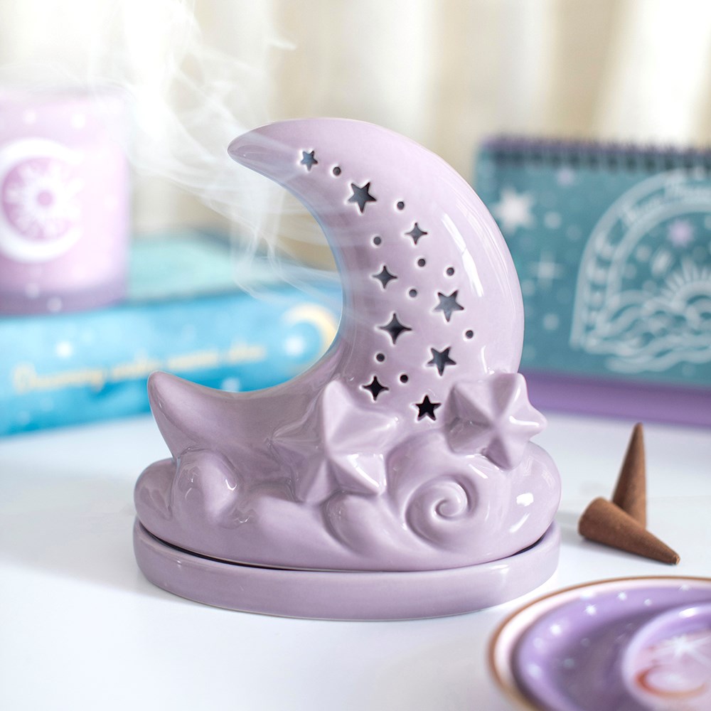 Räucherkegelhalter Mond und Sterne Violett 15 cm Witchy Deko
