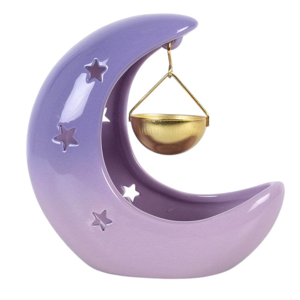 Crescent Moon Oil Burner Lila – Seitenansicht links mit Sternausschnitten und goldenem Schälchen