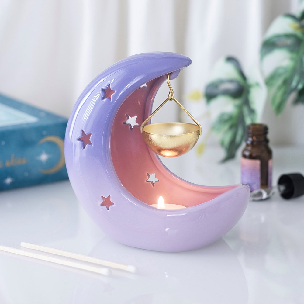 Crescent Moon Oil Burner Lila – Seitenansicht rechts mit Farbverlauf Lila-Rosa
