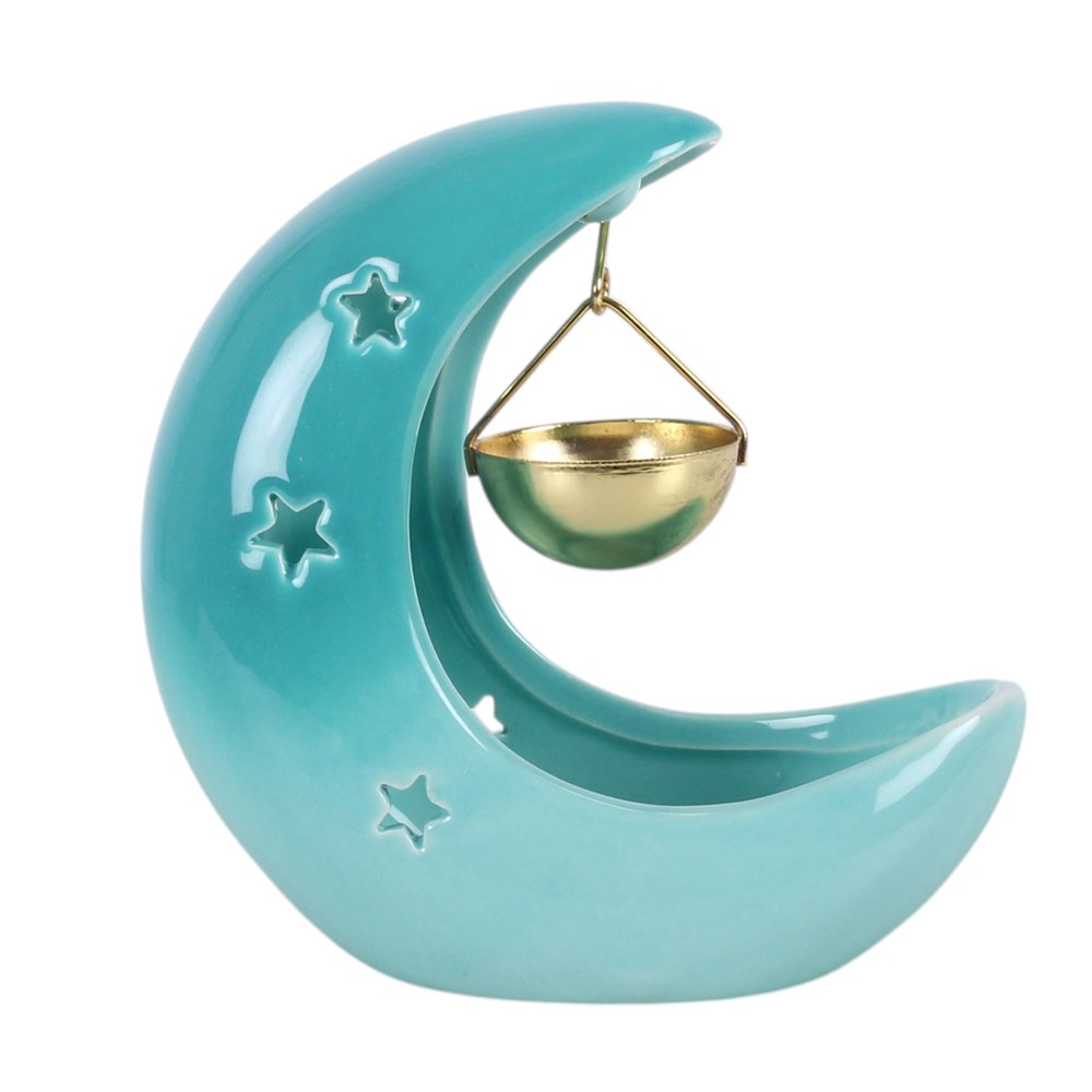 Crescent Moon Oil Burner – Seitenansicht links, Tiffany Blau mit goldenem Schälchen