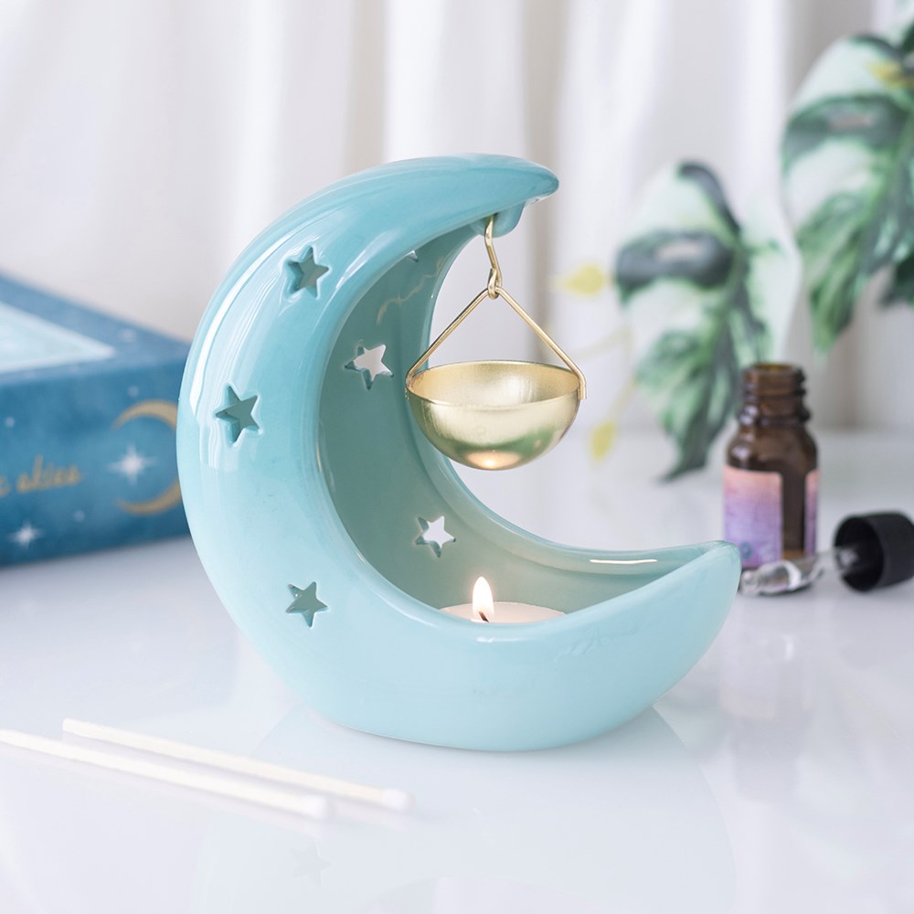 Crescent Moon Oil Burner – Rückansicht Tiffany Blau glasiert