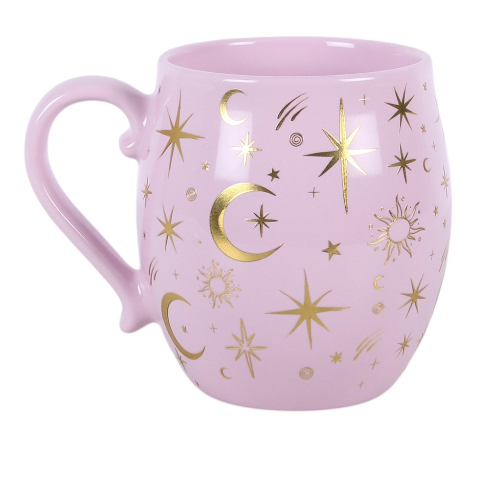 Celestial Keramiktasse Pink – Frontansicht links mit Halbmond-Goldmotiv