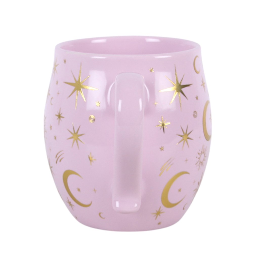 Celestial Keramiktasse Pink – Rückansicht ohne Griff, Allover-Sternmuster