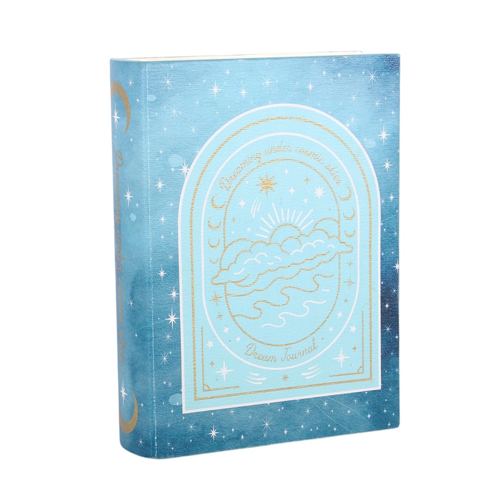 Dream Journal Buchbox – Frontansicht geschlossen, Celestial Blau mit Goldprägung