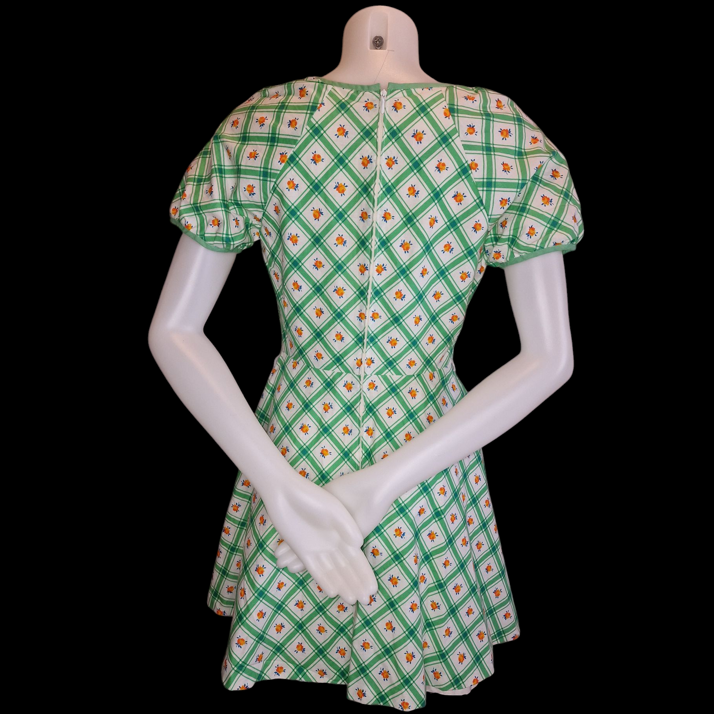 Vintage Betty Barclay Kleid 70er Jahre - Grün-Weiß Karomuster mit Puffärmeln S