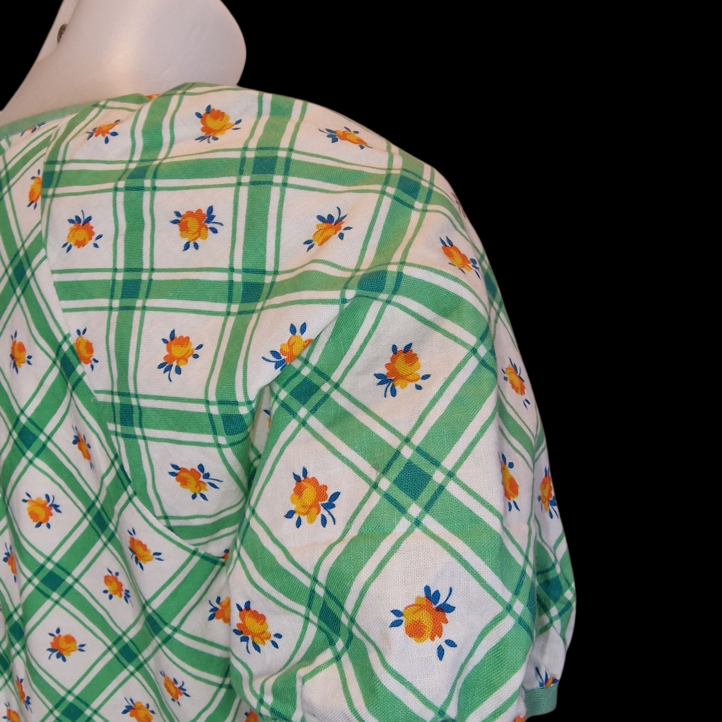 Vintage Betty Barclay Kleid 70er Jahre - Grün-Weiß Karomuster mit Puffärmeln S