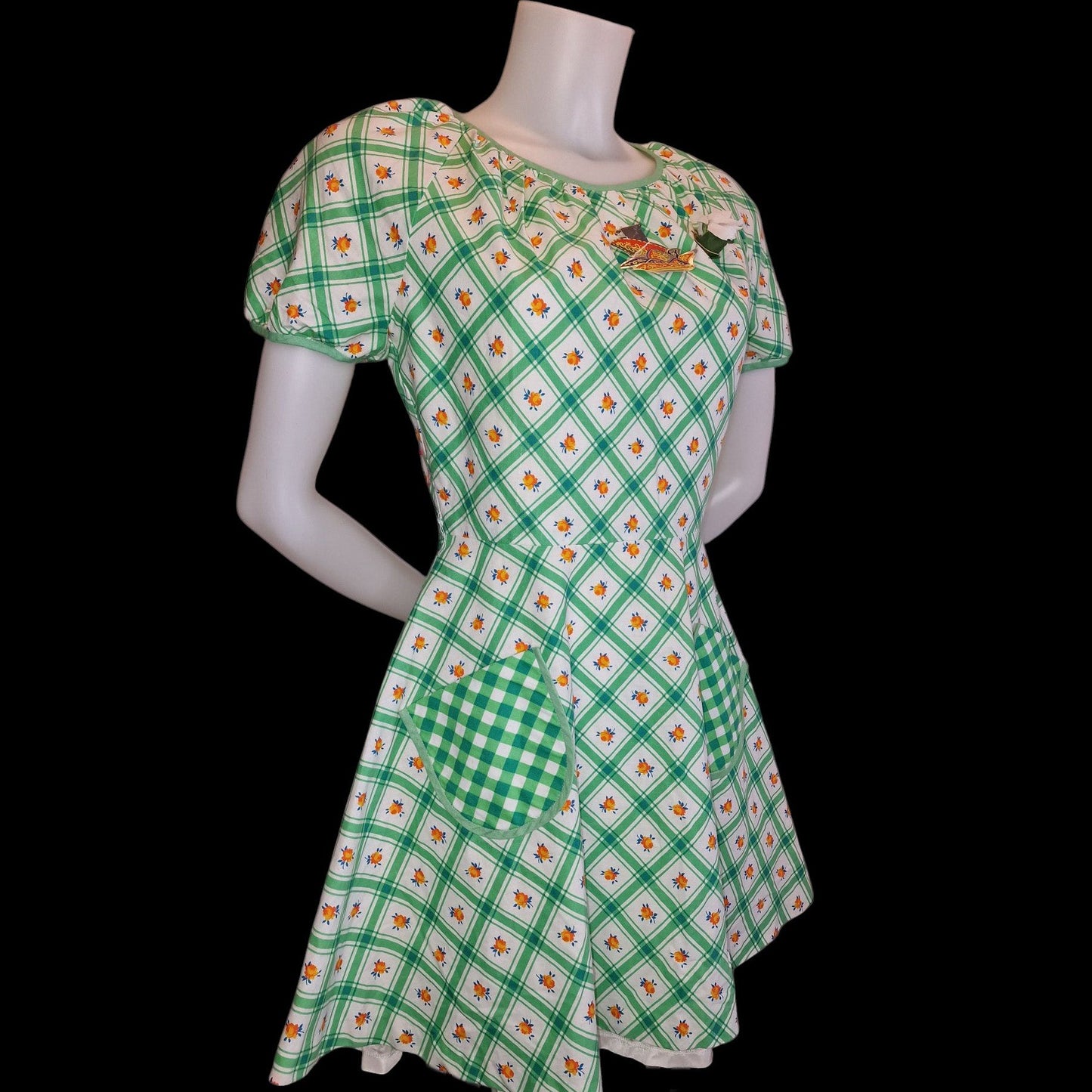 Vintage Betty Barclay Kleid 70er Jahre - Grün-Weiß Karomuster mit Puffärmeln S