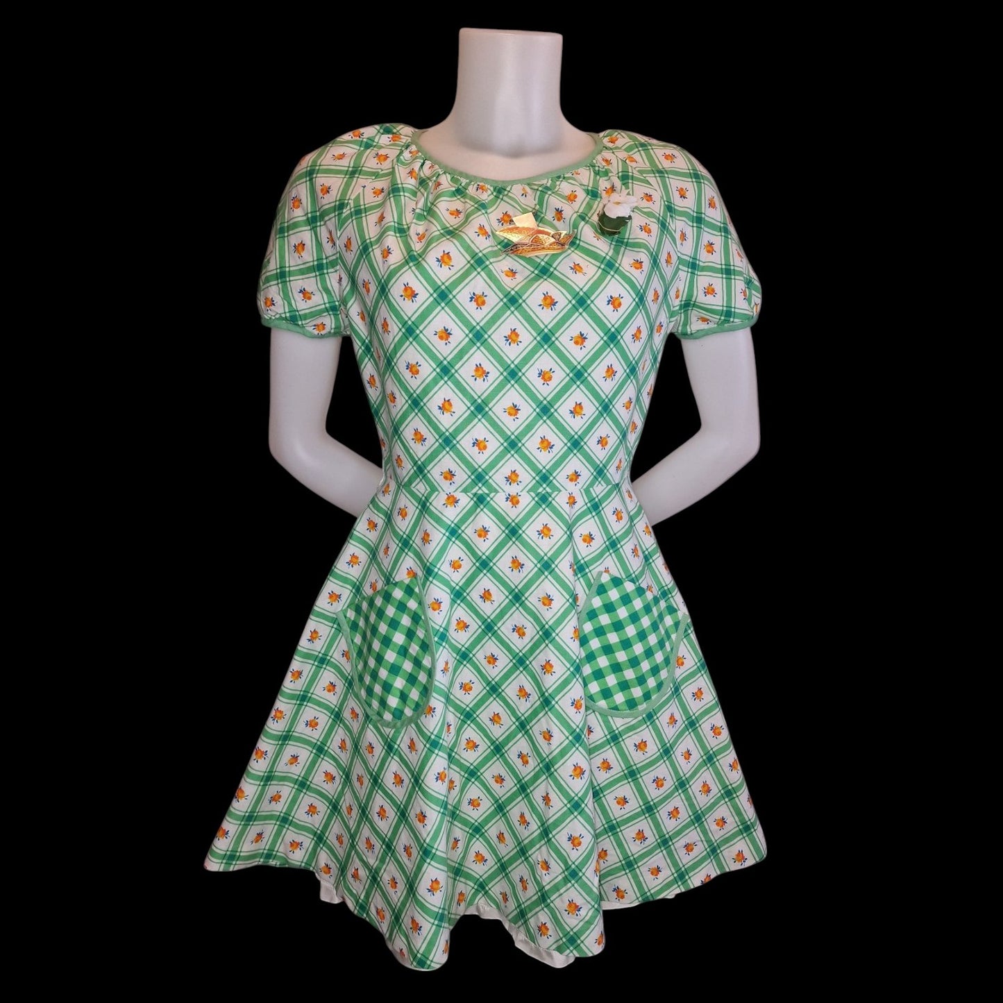 Vintage Betty Barclay Kleid 70er Jahre - Grün-Weiß Karomuster mit Puffärmeln S
