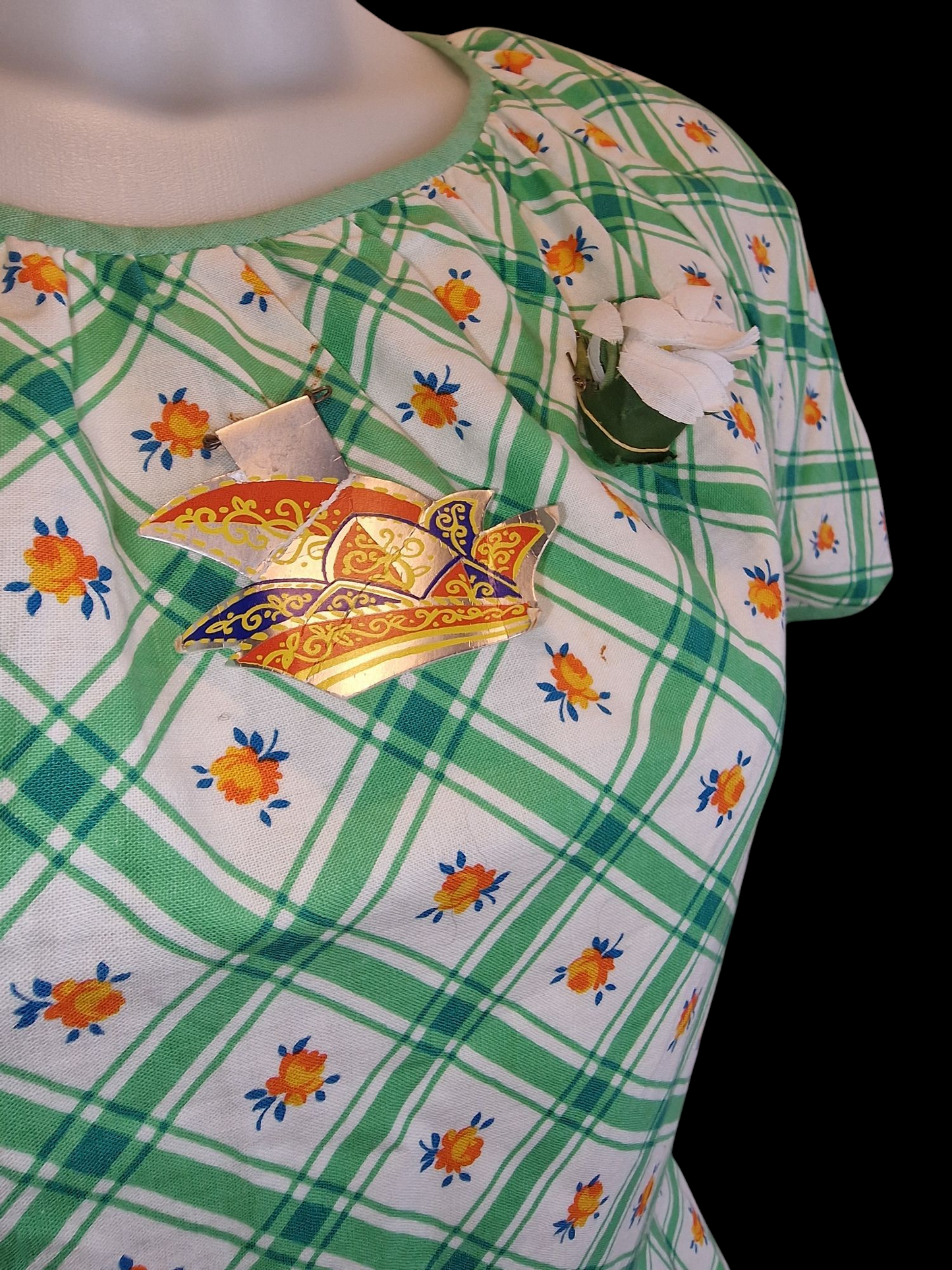 Vintage Betty Barclay Kleid 70er Jahre - Grün-Weiß Karomuster mit Puffärmeln S