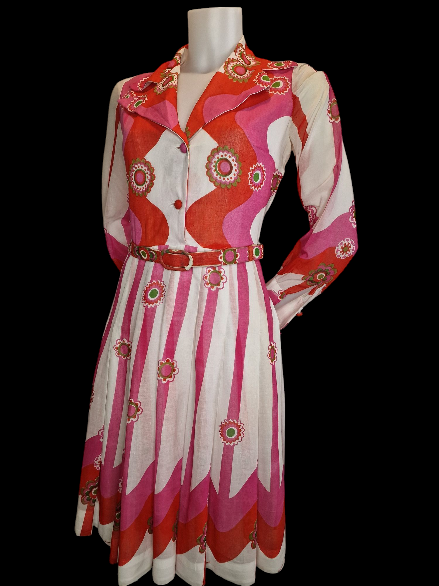 Vintage Kleid 70er Jahre Princess Florence - Psychedelisches Muster Rosa Orange S
