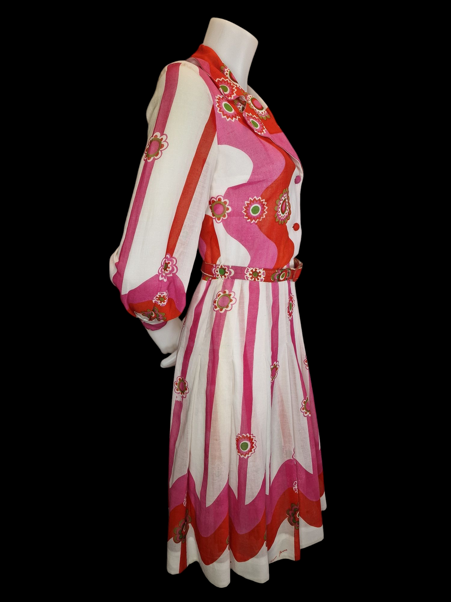 Vintage Kleid 70er Jahre Princess Florence - Psychedelisches Muster Rosa Orange S