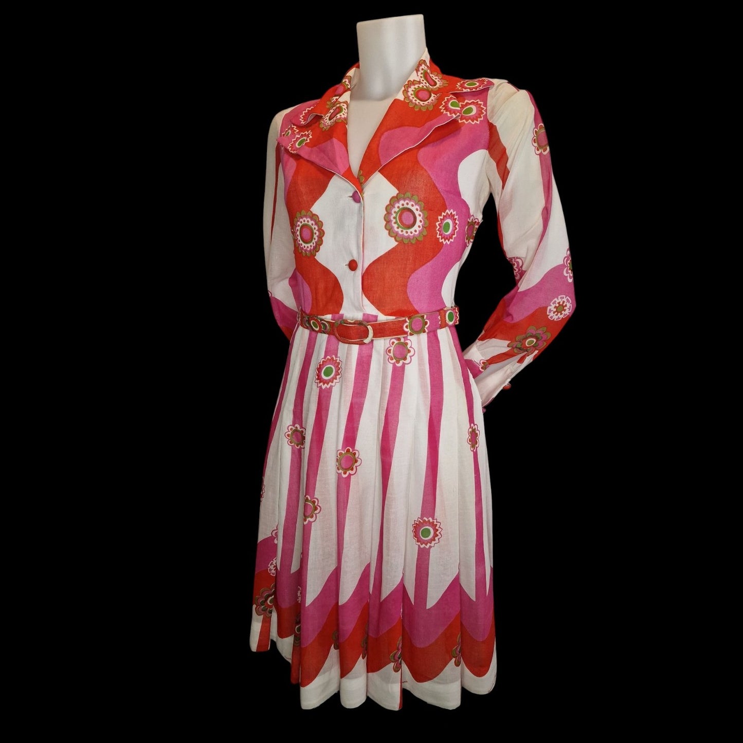 Vintage Kleid 70er Jahre Princess Florence - Psychedelisches Muster Rosa Orange S