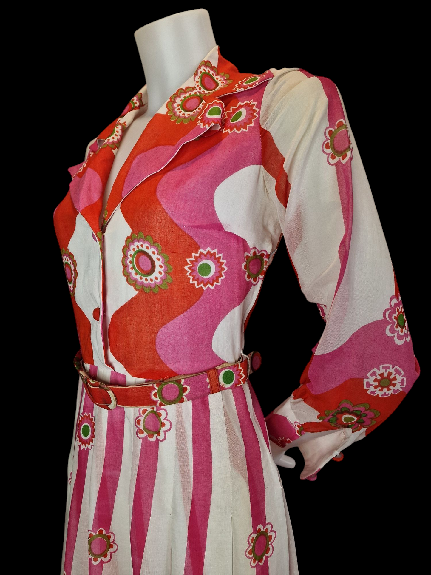 Vintage Kleid 70er Jahre Princess Florence - Psychedelisches Muster Rosa Orange S