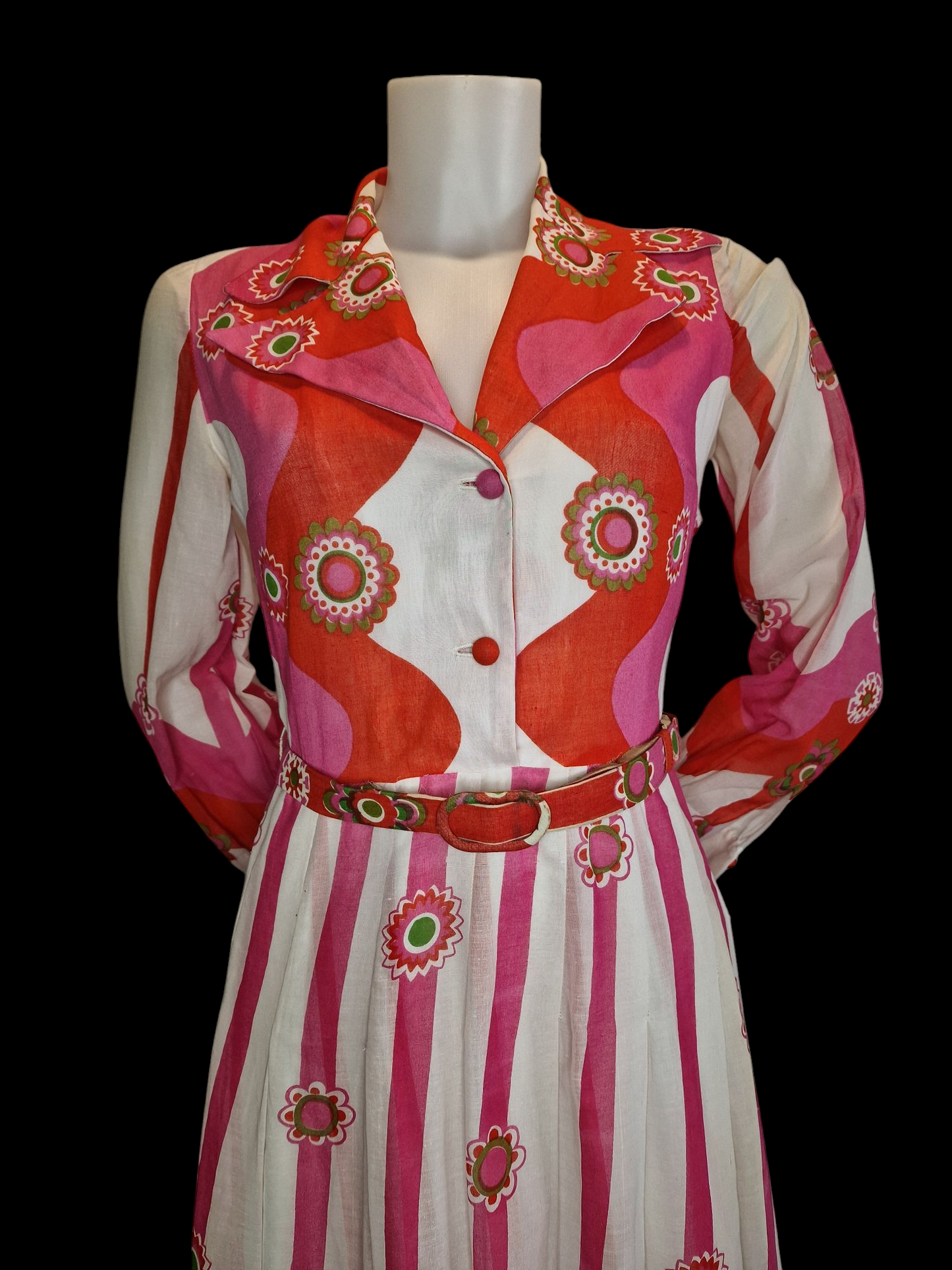 Vintage Kleid 70er Jahre Princess Florence - Psychedelisches Muster Rosa Orange S
