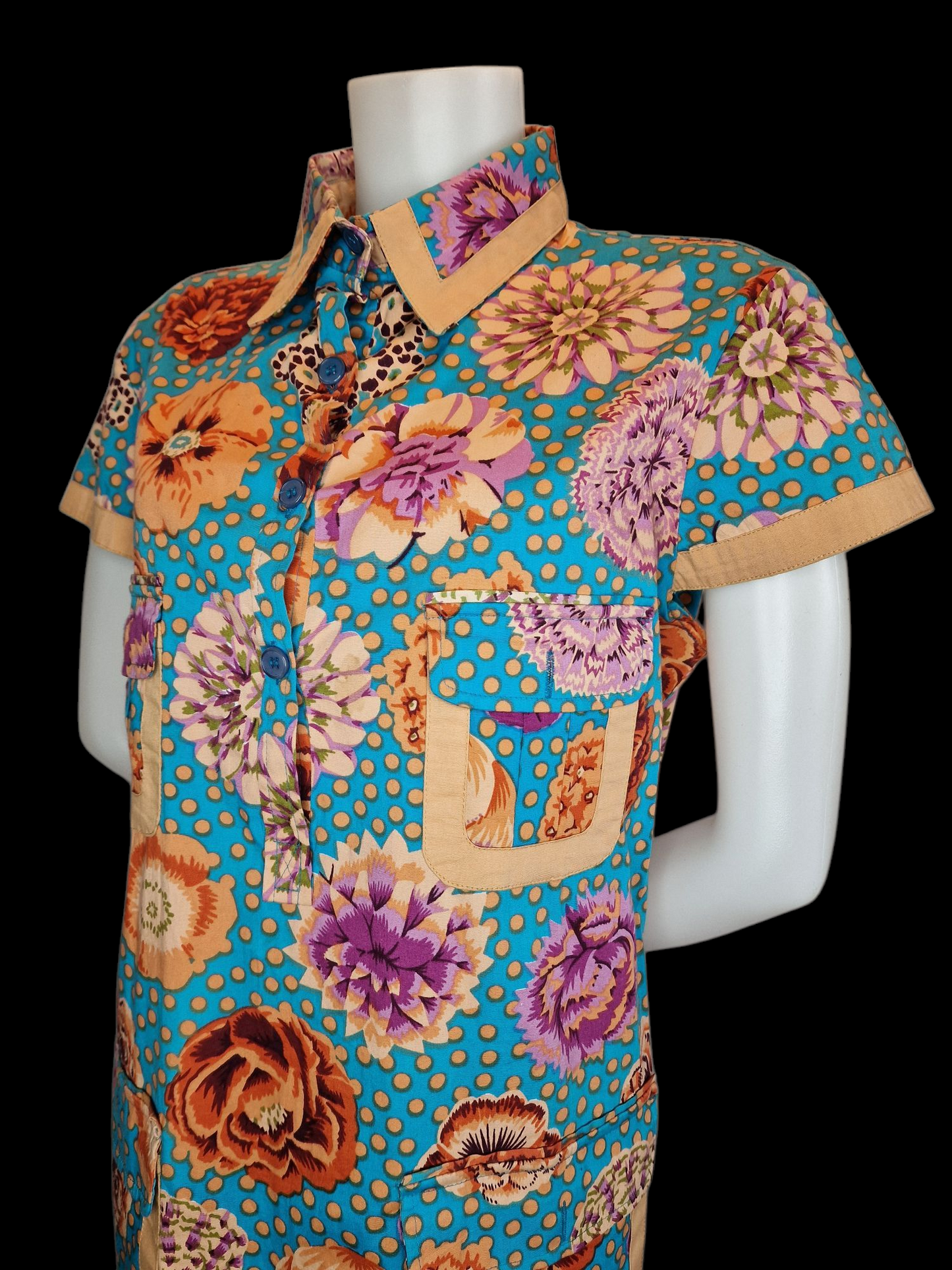Almatrichi Retro-Kleid - Türkis mit Blumenmuster und Punkten L