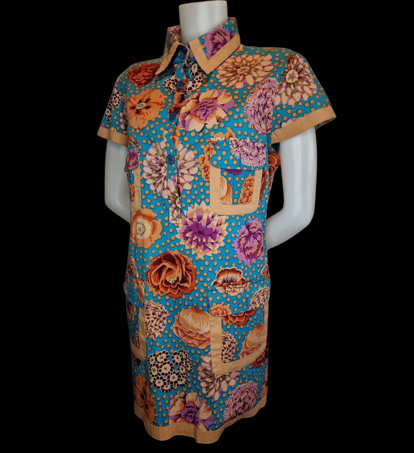 Almatrichi Retro-Kleid - Türkis mit Blumenmuster und Punkten L