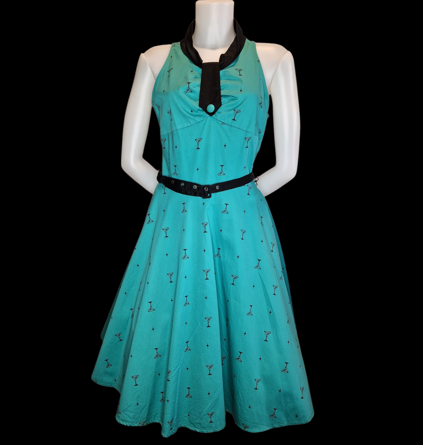 Dancing Days Retro-Kleid 50er Jahre - Türkis mit Cocktailglas-Muster