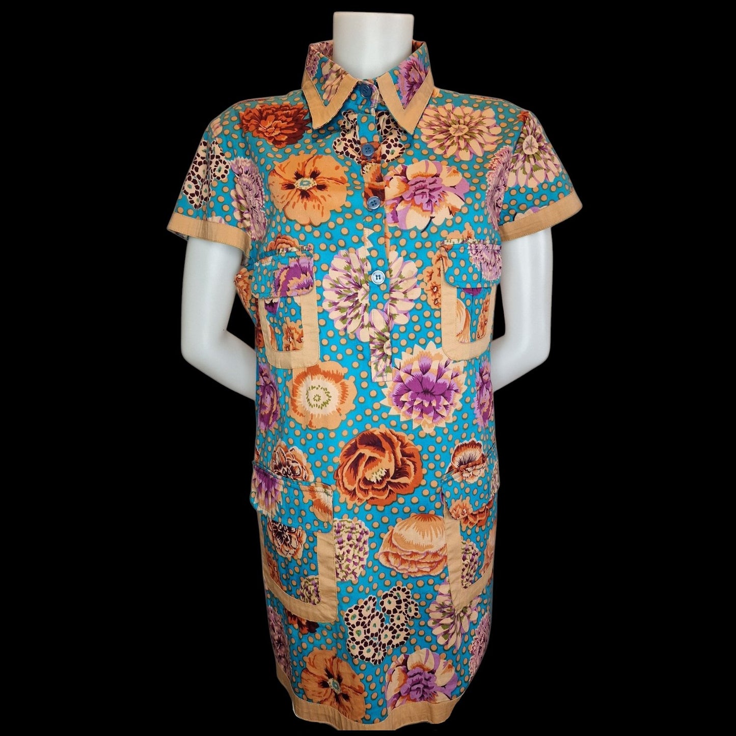 Almatrichi Retro-Kleid - Türkis mit Blumenmuster und Punkten L
