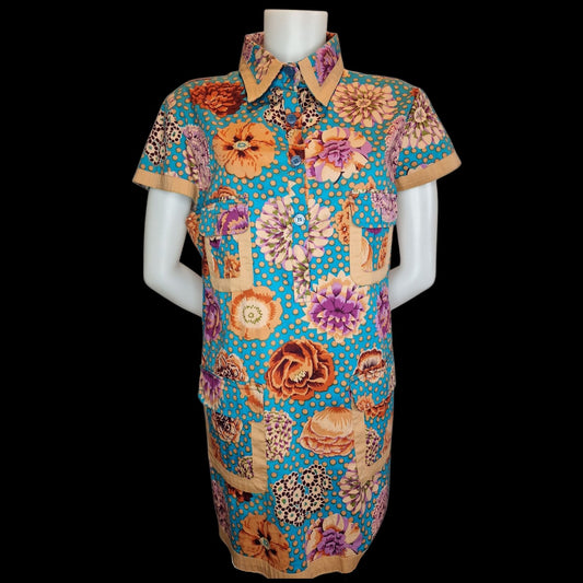 Almatrichi Retro-Kleid - Türkis mit Blumenmuster und Punkten L