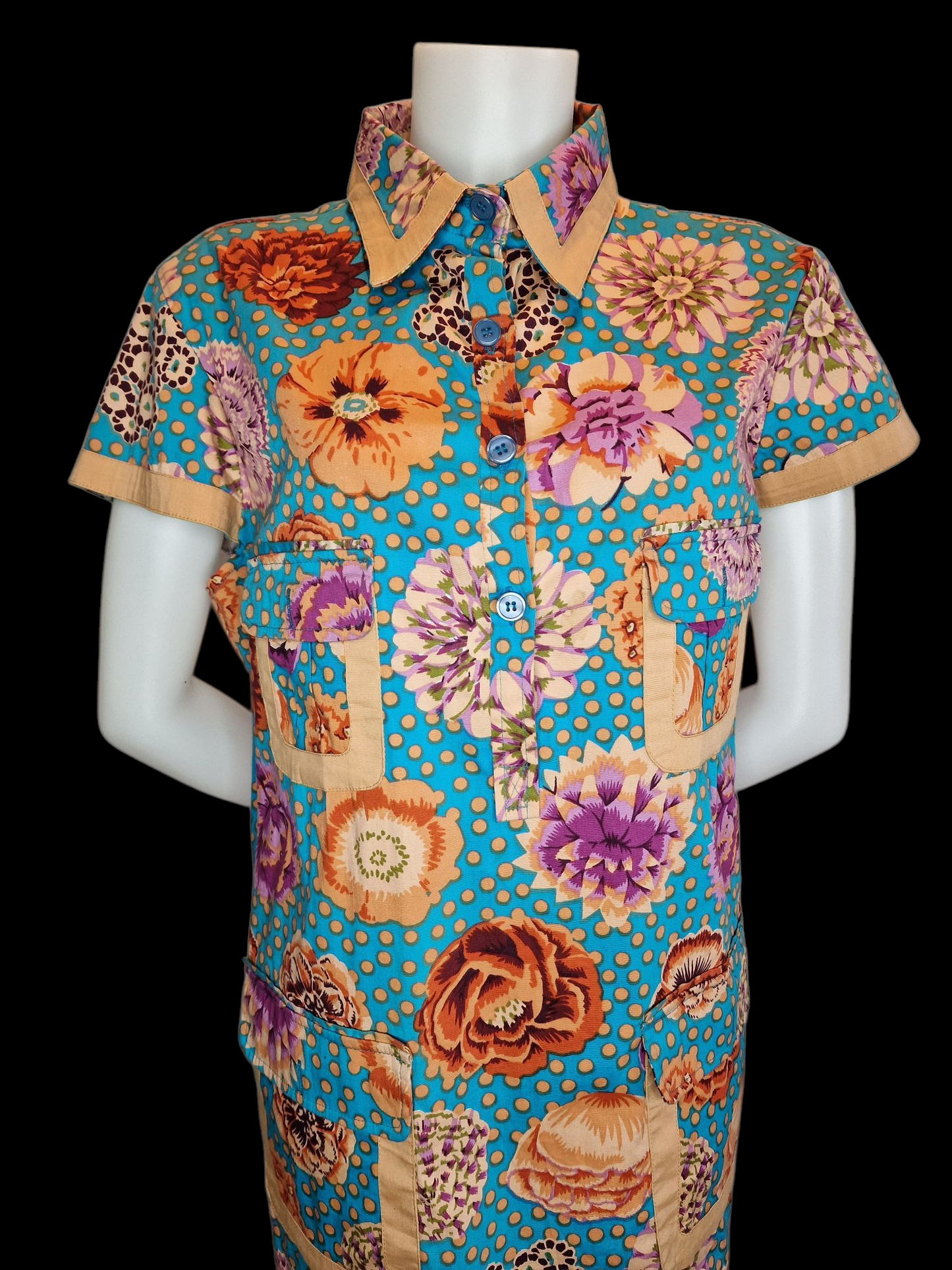 Almatrichi Retro-Kleid - Türkis mit Blumenmuster und Punkten L